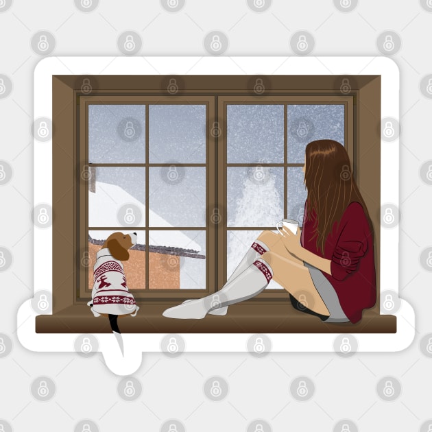 Girl and beagle dog sitting on the window. winter landscape Sticker by NinoRc